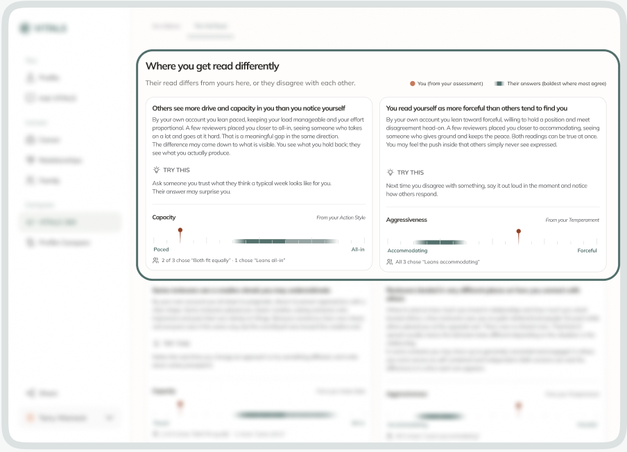 Comparison view highlighting where you get read differently, with two example scales and reviewer counts