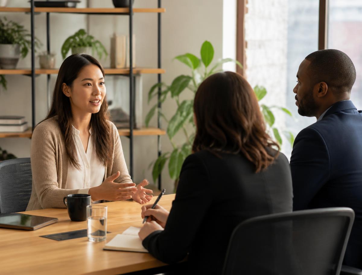 An interviewer and a candidate in a relaxed, genuine conversation across a table in a warm office.