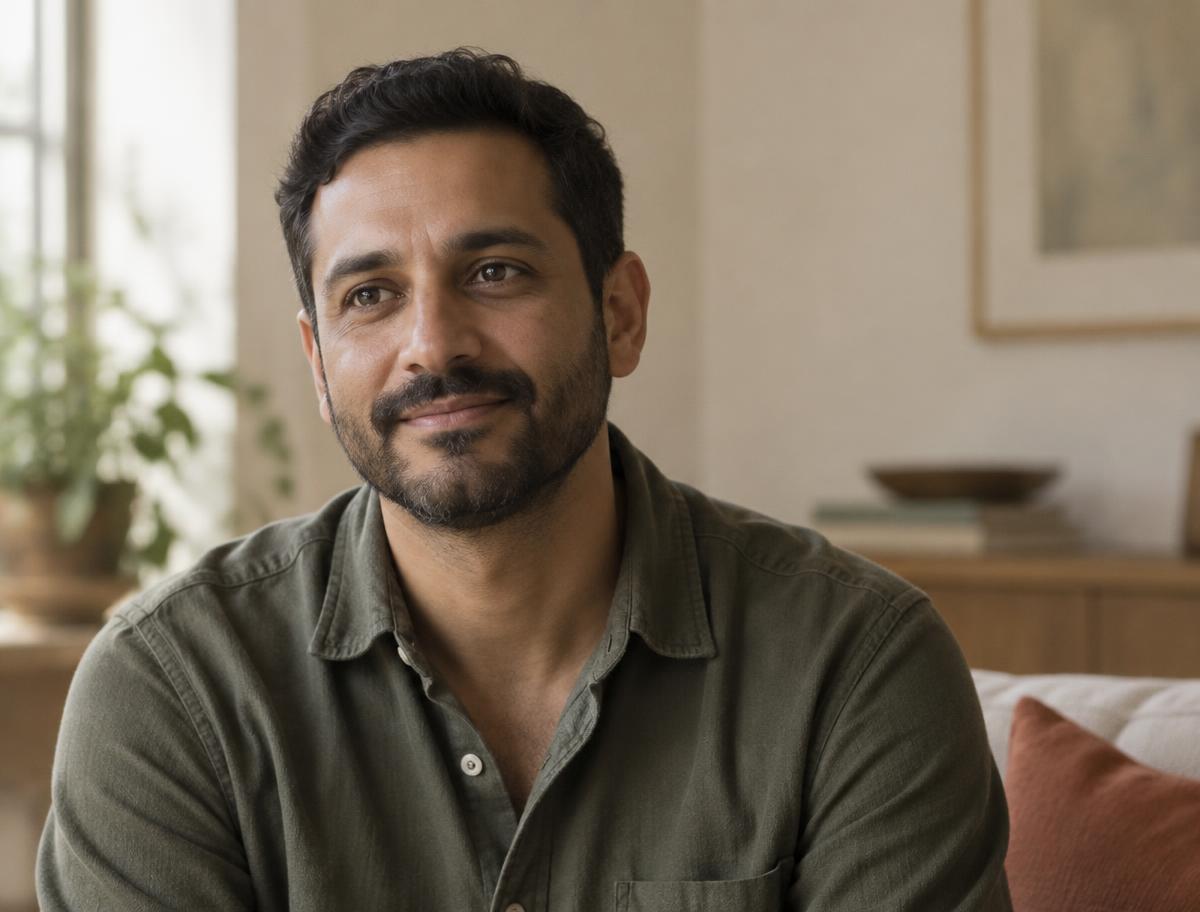 A man in an olive shirt seated on a sofa in the same calm home