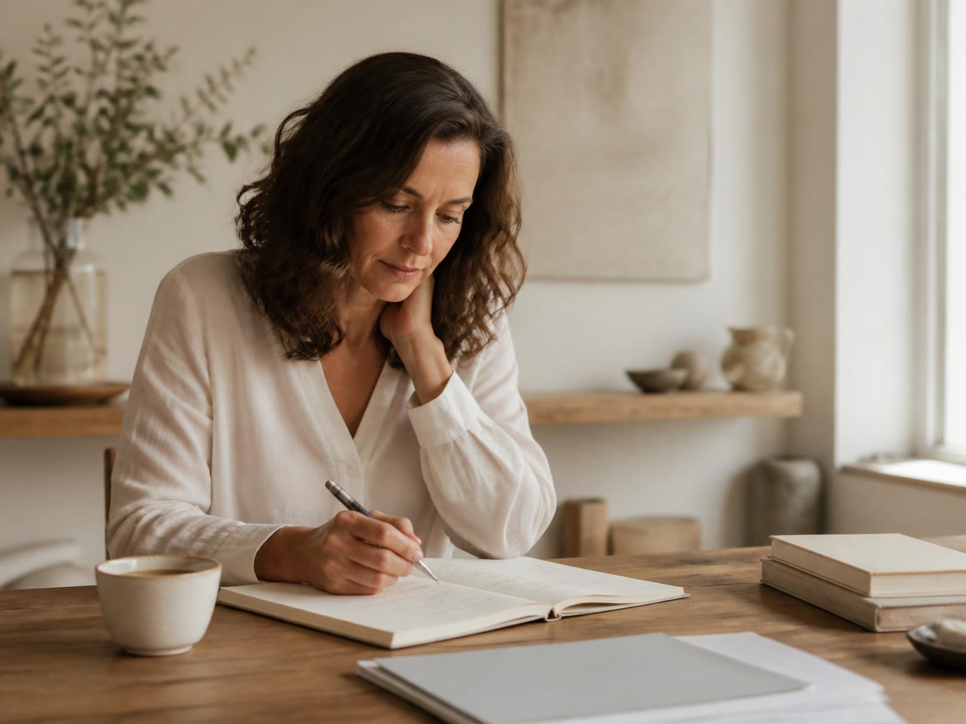 An independent consultant reviewing her notes at a warm wooden desk before a client session