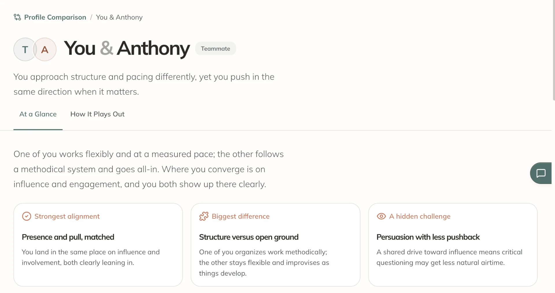 Profile Comparison overview for two people, with a summary and insight cards across shared scales
