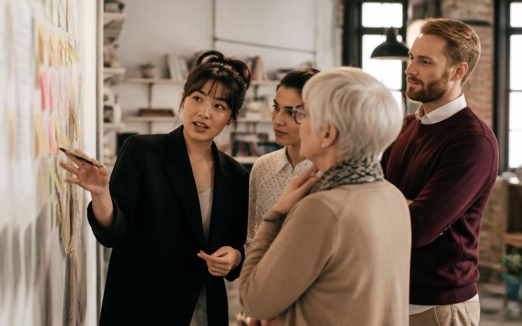 Four colleagues standing together, talking through ideas at a wall of notes in a bright workspace.