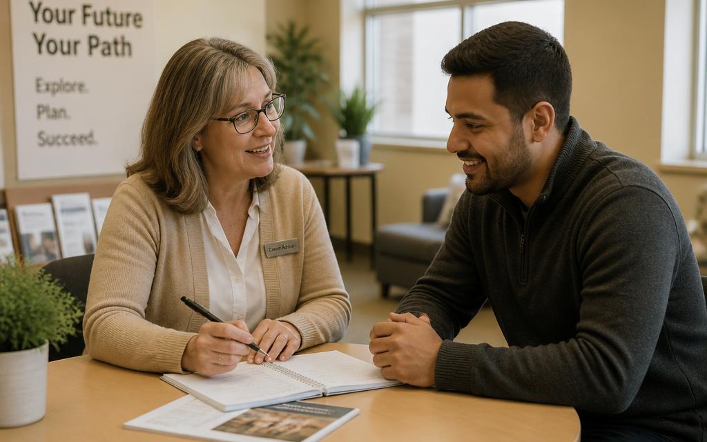 A career advisor sitting beside an adult participant, talking supportively over an open notebook.